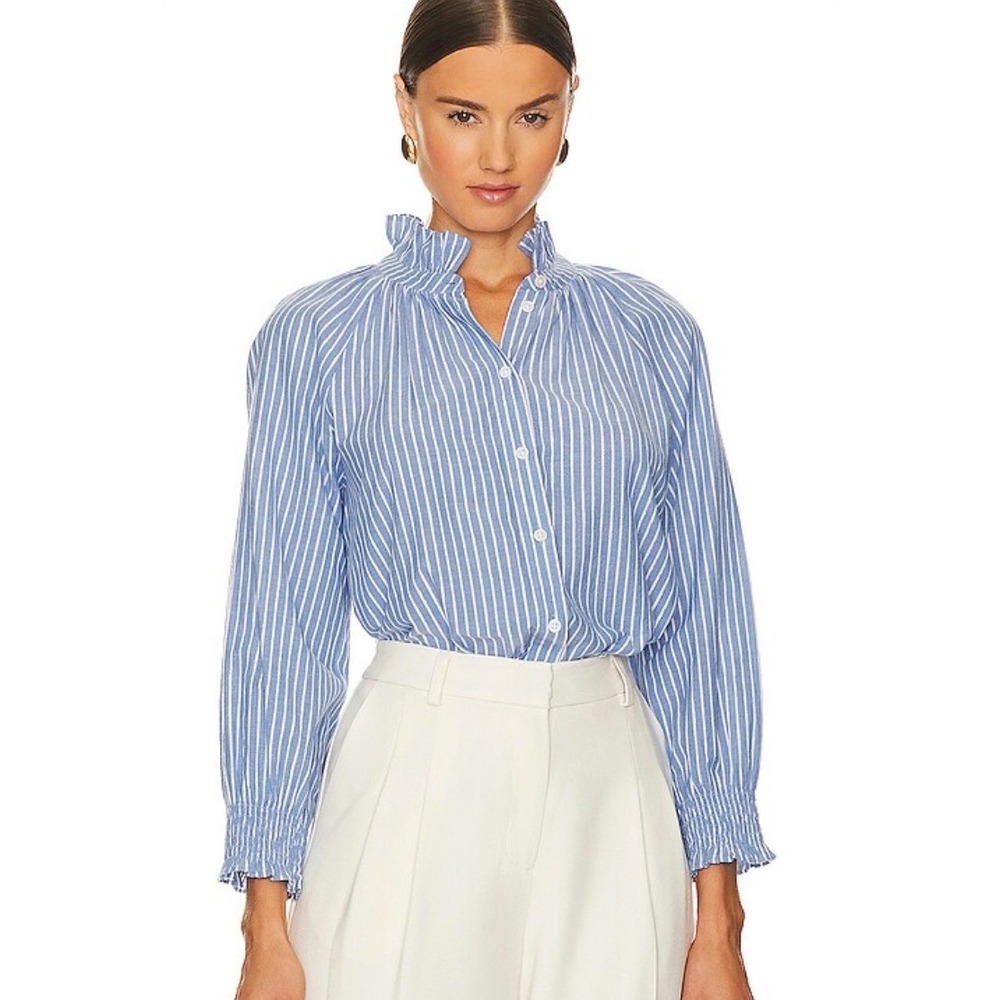 Veronica Beard Calisto Striped Blouse Womens Small Blueed Ruffle Neck Preppy